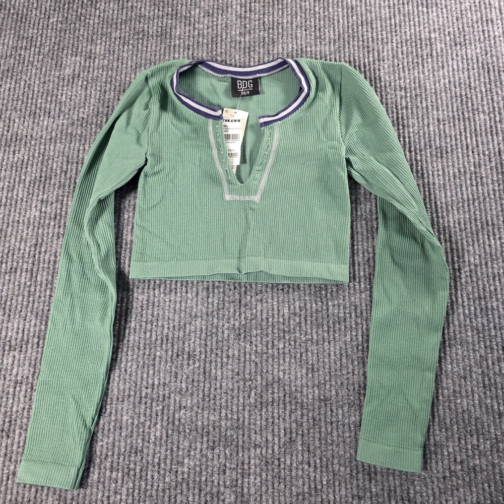 BDG Urban Outfitters Green Ribbed Long Sleeve Crop Top Henley XS/S New